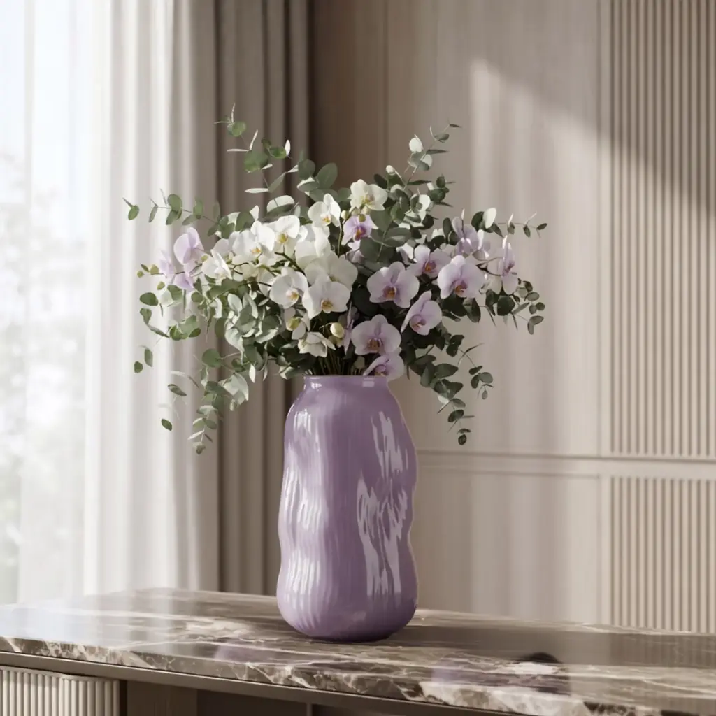 360 HOME MY HOME DECORATIVE GLASS VASE RIBBED ROUNDED CURVED WAVY SIDES 13.5*23.5cm purple