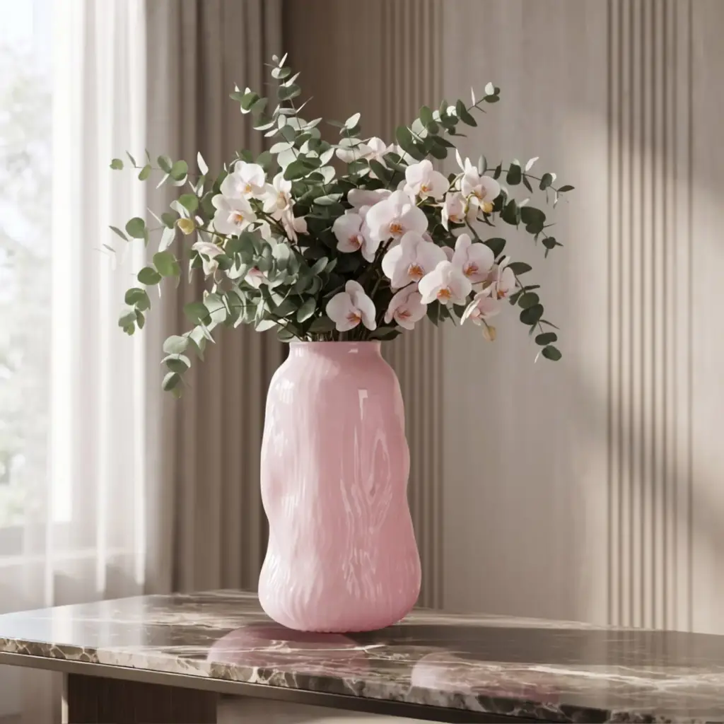360 HOME MY HOME DECORATIVE GLASS VASE RIBBED ROUNDED CURVED WAVY SIDES 17*29.5cm pink