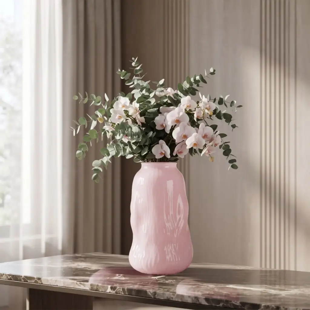 360 HOME MY HOME DECORATIVE GLASS VASE RIBBED ROUNDED CURVED WAVY SIDES 13.5*23.5cm pink