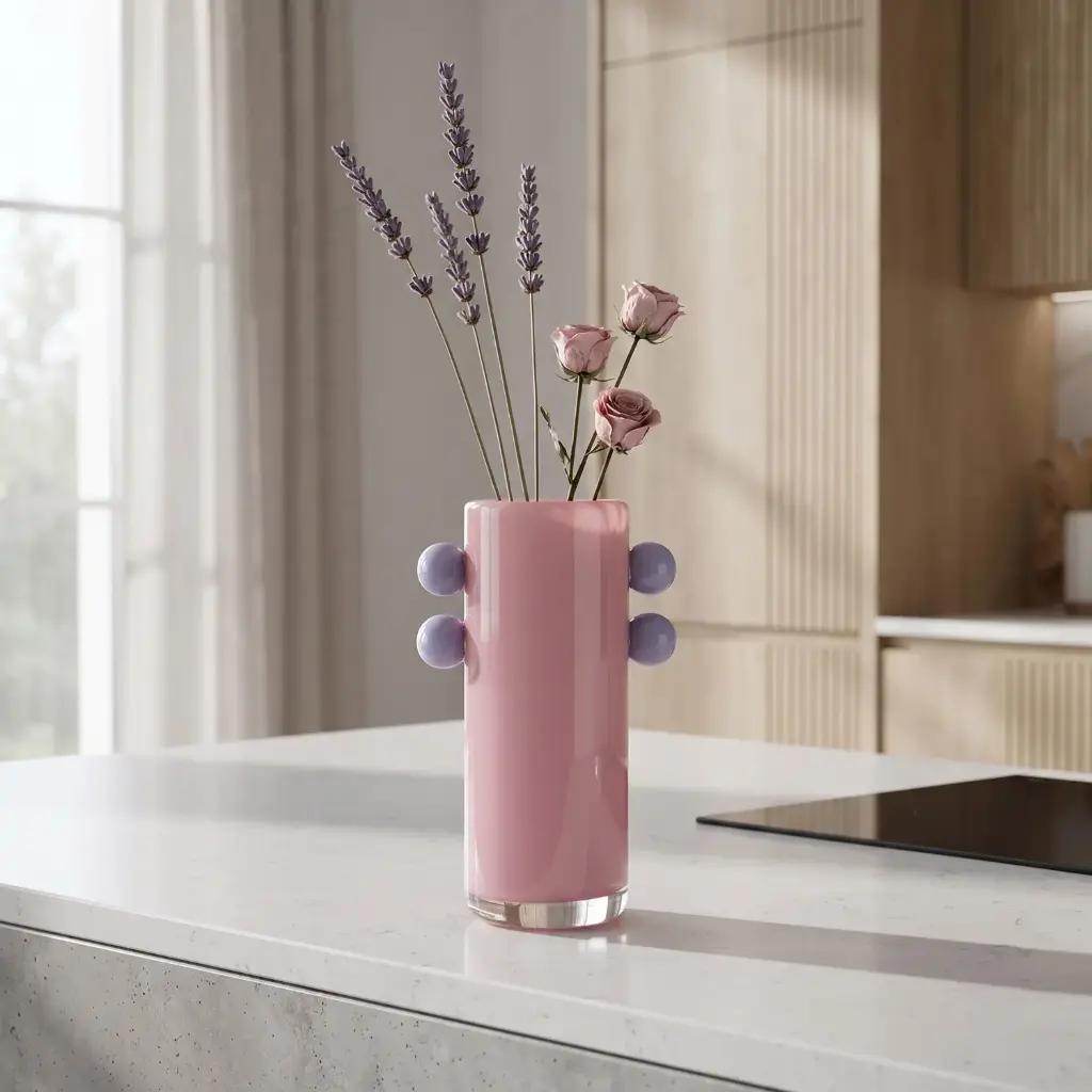360 HOME MY HOME DECORATIVE GLASS VASE TALL STRAIGHT CYLINDRICAL WITH SIDE HANDLES 17*25cm PINK