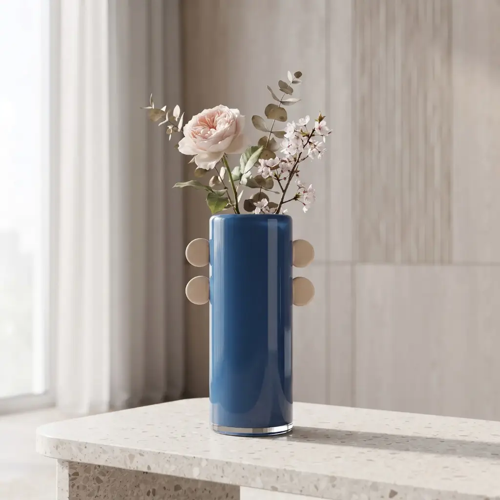 360 HOME MY HOME DECORATIVE GLASS VASE TALL STRAIGHT CYLINDRICAL WITH SIDE HANDLES 17*25cm BLUE