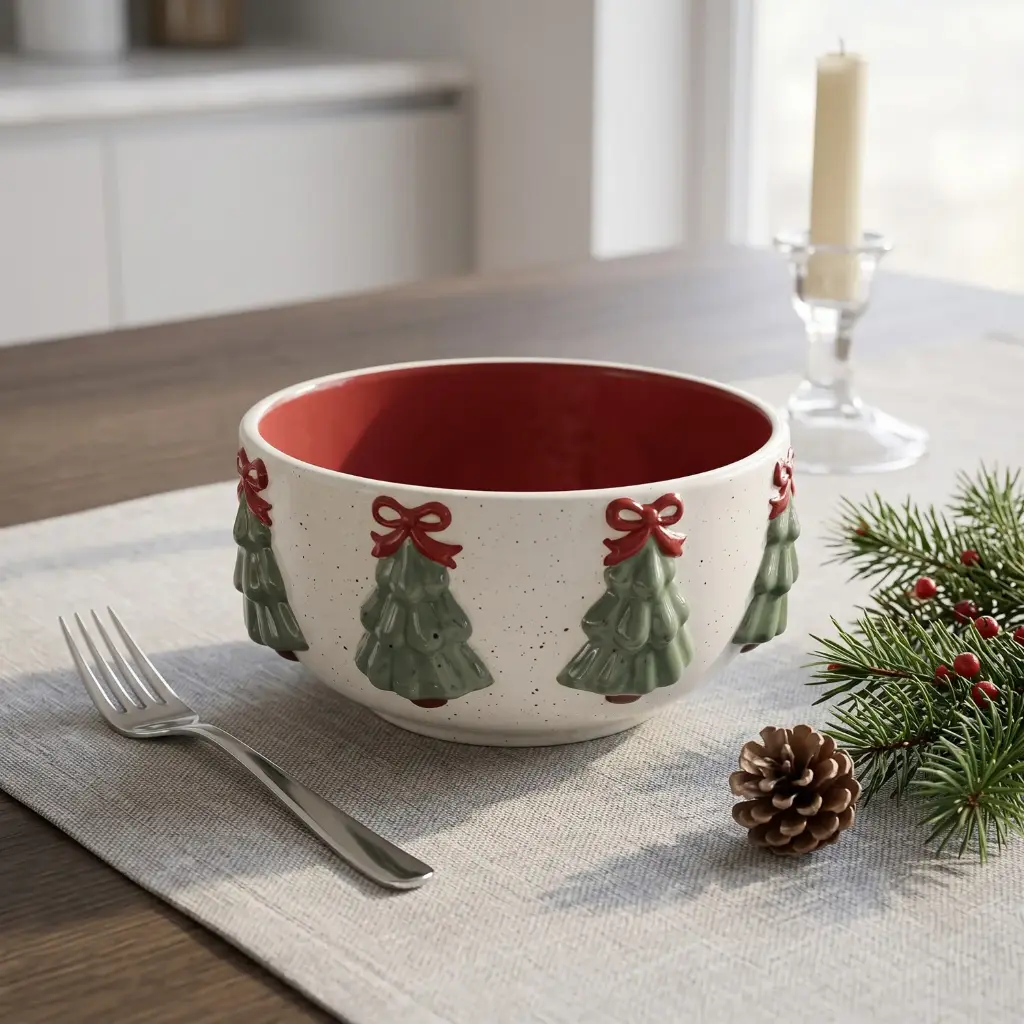 360 HOME CHRISTMAS CERAMIC BOWL GREEN TREES MOTIF AND RED BOW 15.3*15.4*7.3