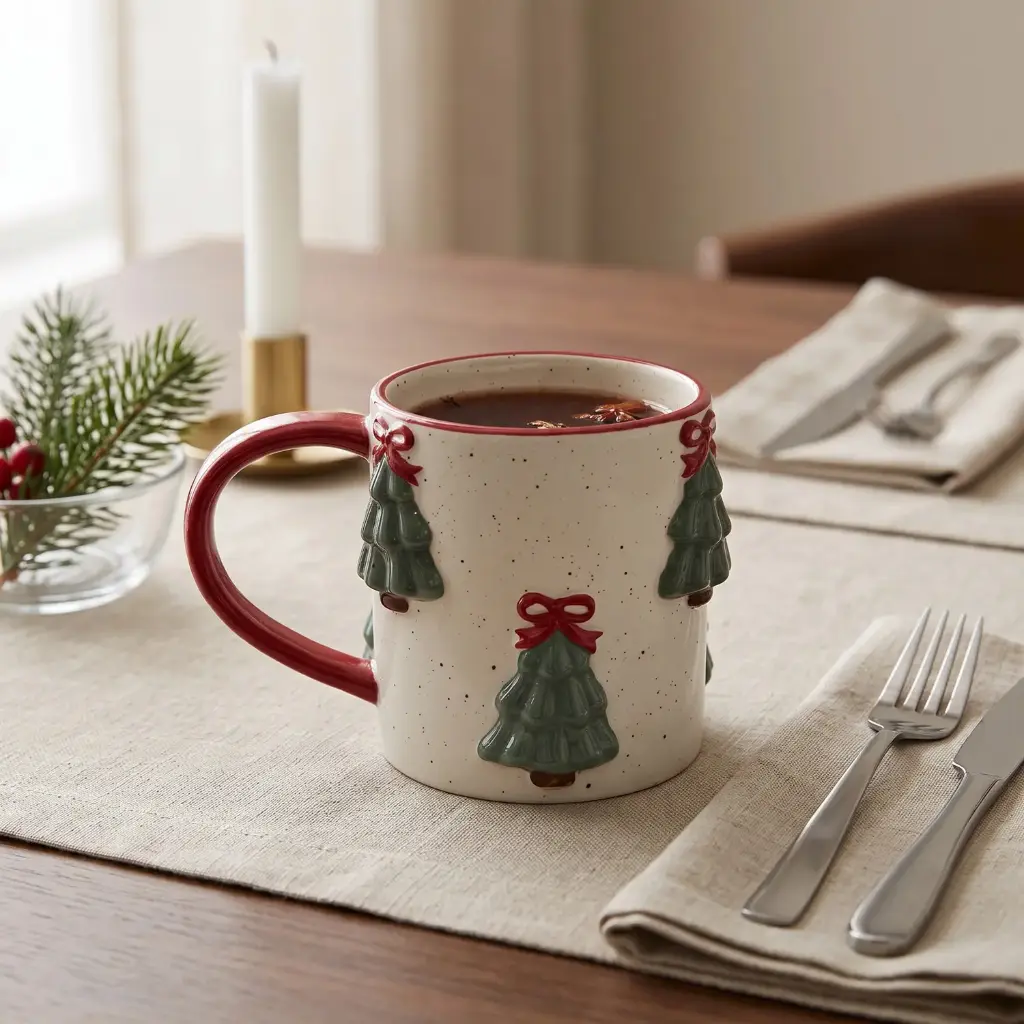 360 HOME CHRISTMAS CERAMIC MUG RED RIM AND HANDLE GREEN TREES +RED BOWS+WHITE SPECKLED FINISH
