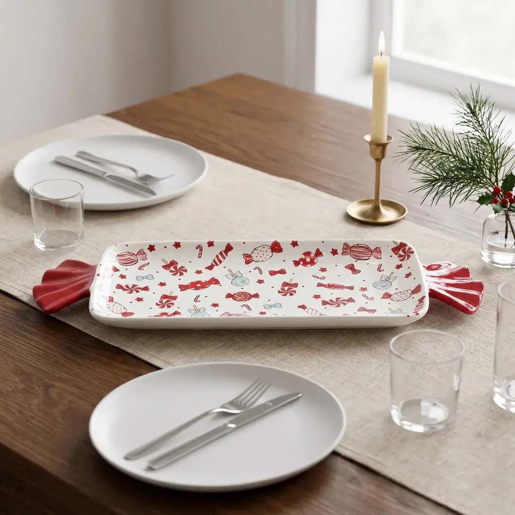 360 HOME CHRISTMAS SERVING PLATTER RECTANGULAR  CERAMIC RED AND GREEN HOLIDAY MOTIFS 34.8X12.3X1.5CM