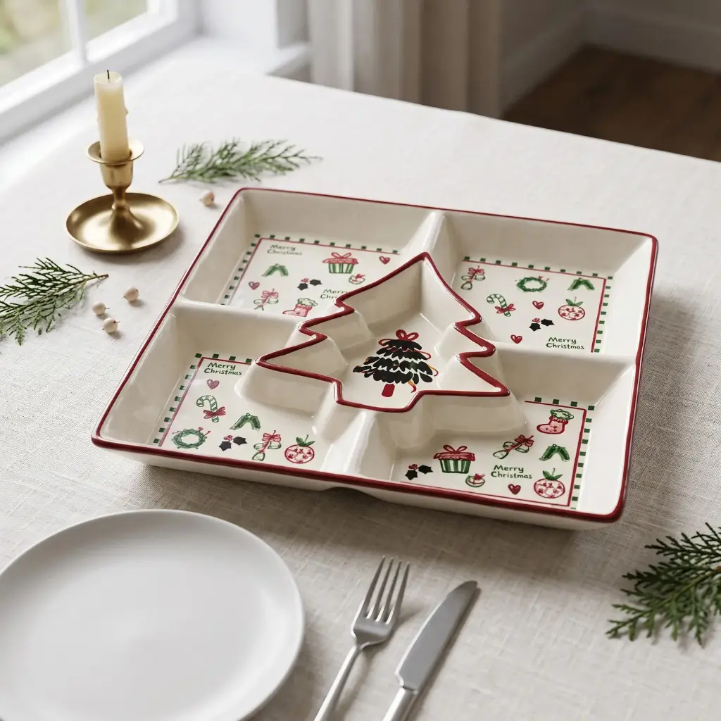 360 HOME CHRISTMAS SERVING PLATTER SQUARE DIVIDED 4 SECTIONS TREE SHAPED CENTER23.5*23.5*2.9CM
