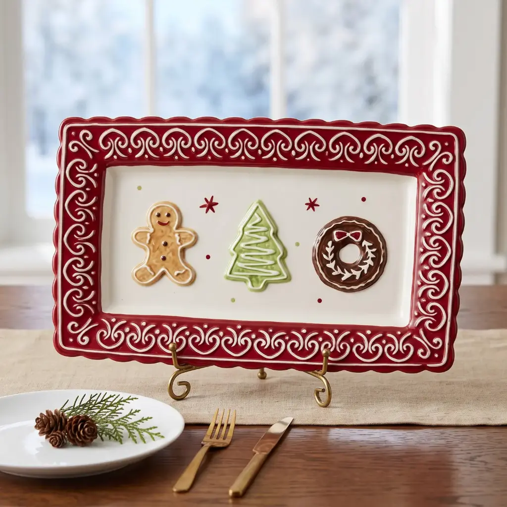 360 HOME CHRISTMAS SERVING PLATTER CERAMIC RECTANGULAR ORNATE RED AND WHITE BORDER WITH FESTIVE MOTIFS  26.3*16.3*2.5