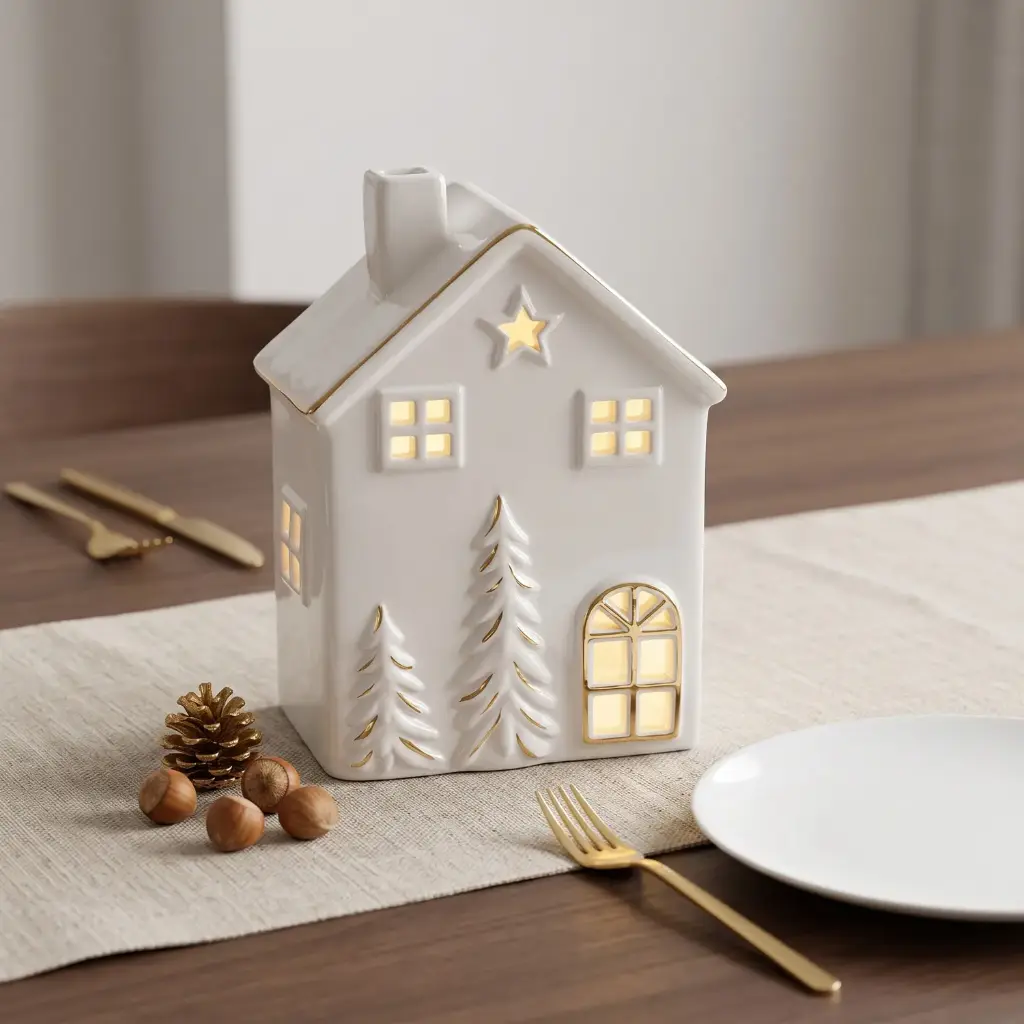 360 HOME CHRISTMAS LANTERN CERAMIC WHITE ILLUMINATED DOOR AND WINDOWS 10.7X7.7X15.8CM