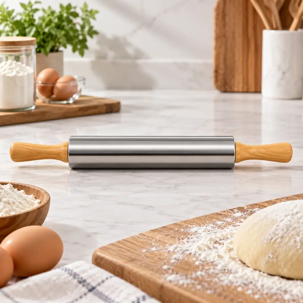 360 HOME MY KITCHEN STAINLESS STEEL ROLLING PIN WITH WOODEN HANDLES 43.5X5CM