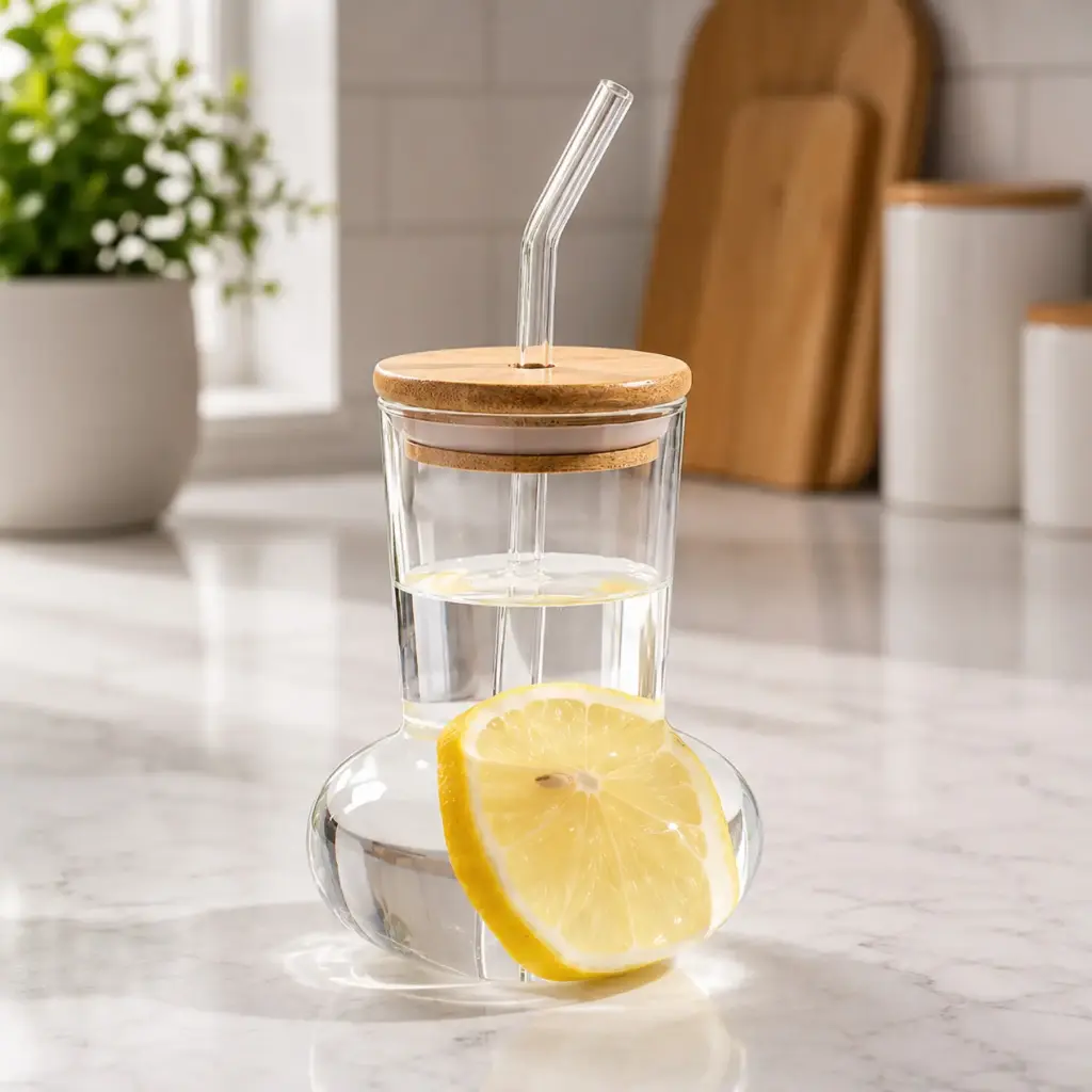 360 HOME MY KITCHEN GLASS MUG WITHOUT HANDLE, STRAW & WOODEN LID 420ml 98pcs/box