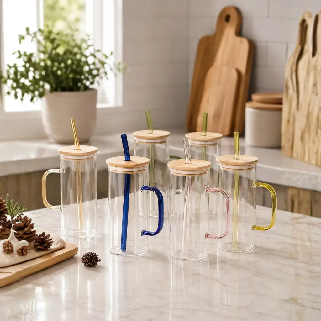 360 HOME MY KITCHEN GLASS MUG WITH HANDLE, STRAW & WOODEN LID 550ml 24pcs/box