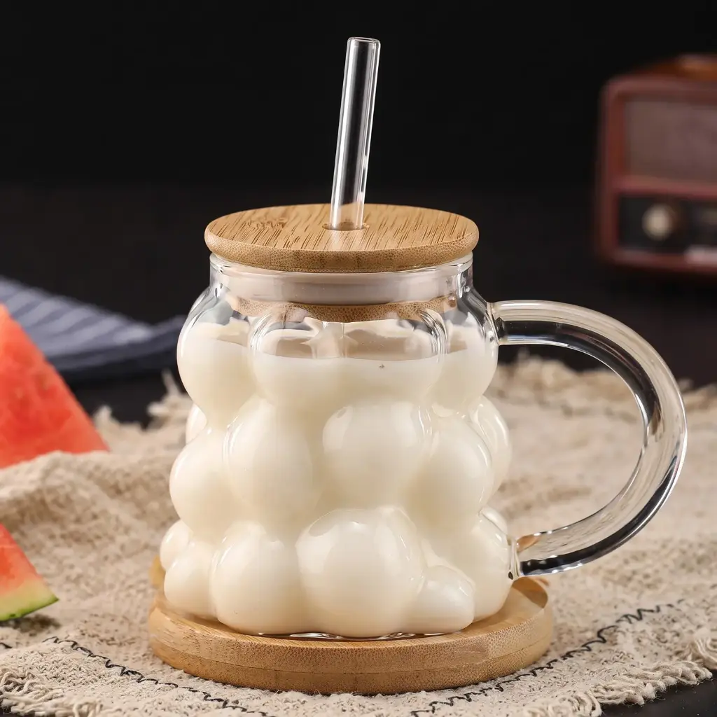 360 HOME MY KITCHEN GLASS MUG WITH HANDLE, STRAW & WOODEN LID 350ml 98pcs/box