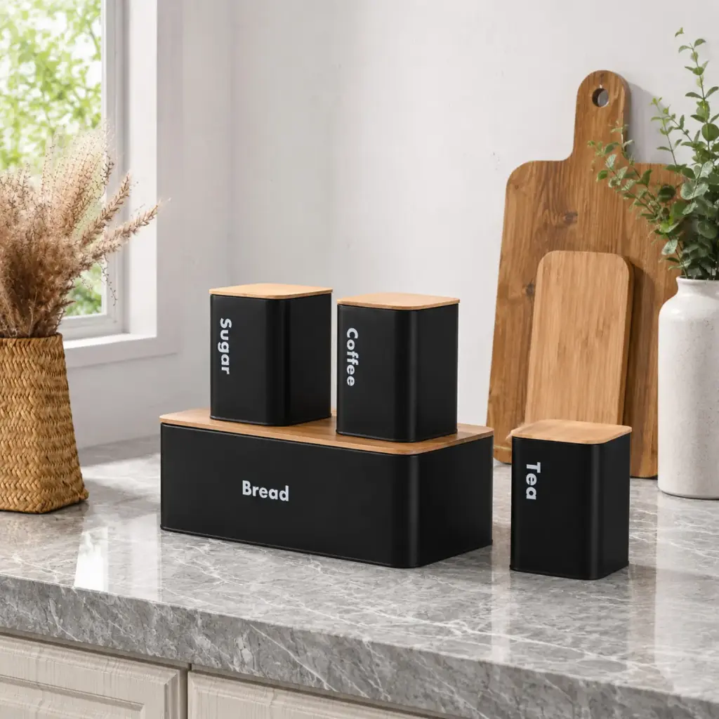 360 HOME Black Rectangular Spice Jar Set with Wooden Lids BLACK IRON WROUGHT