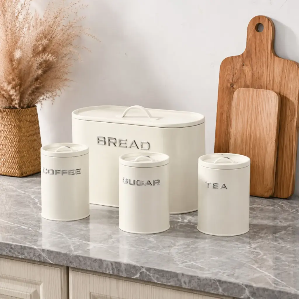 360 HOME Kitchen Storage Canister Set with Decorative Printed Labels CREAM 33.5X18X20/22.5CM IRON WROUGHT