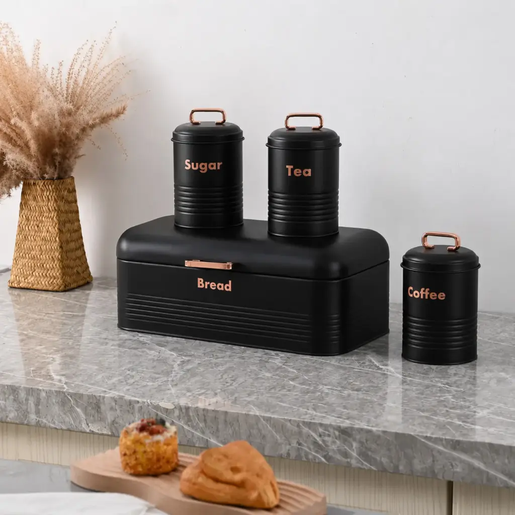 360 HOME Kitchen Storage Canister Set with Wooden Handles/LidS SET 4PCS BLACK 42X22.5X16CM IRON WROUGHT