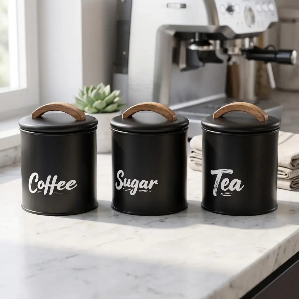 360 HOME Kitchen Storage Canister Set – Coffee, Sugar & Tea SET 3PCS BLACK 10.9*16.5CM IRON WROUGHT