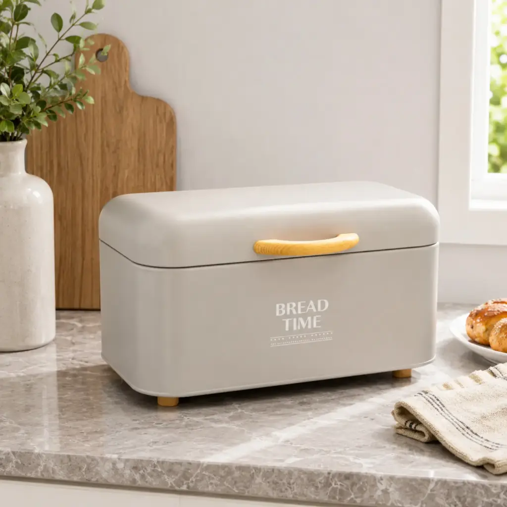 360 HOME Kitchen Bread Storage Box with Rounded Corners and Wooden Handle WHITE 30X20.5X18CM IRON WROUGHT