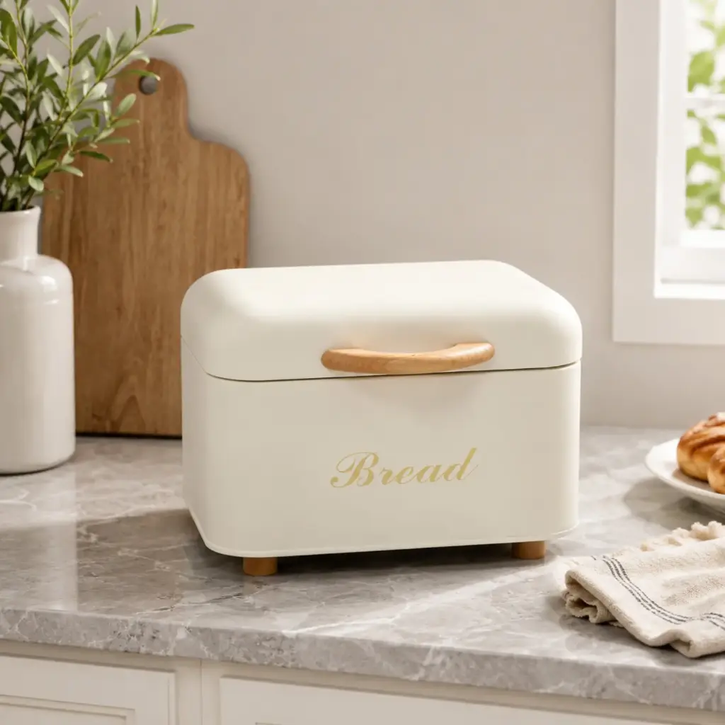 360 HOME Kitchen Bread Storage Box with Wooden Handle and “Bread” Label CREAM/WHITE 19.7X22X16.5CM IRON WROUGHT