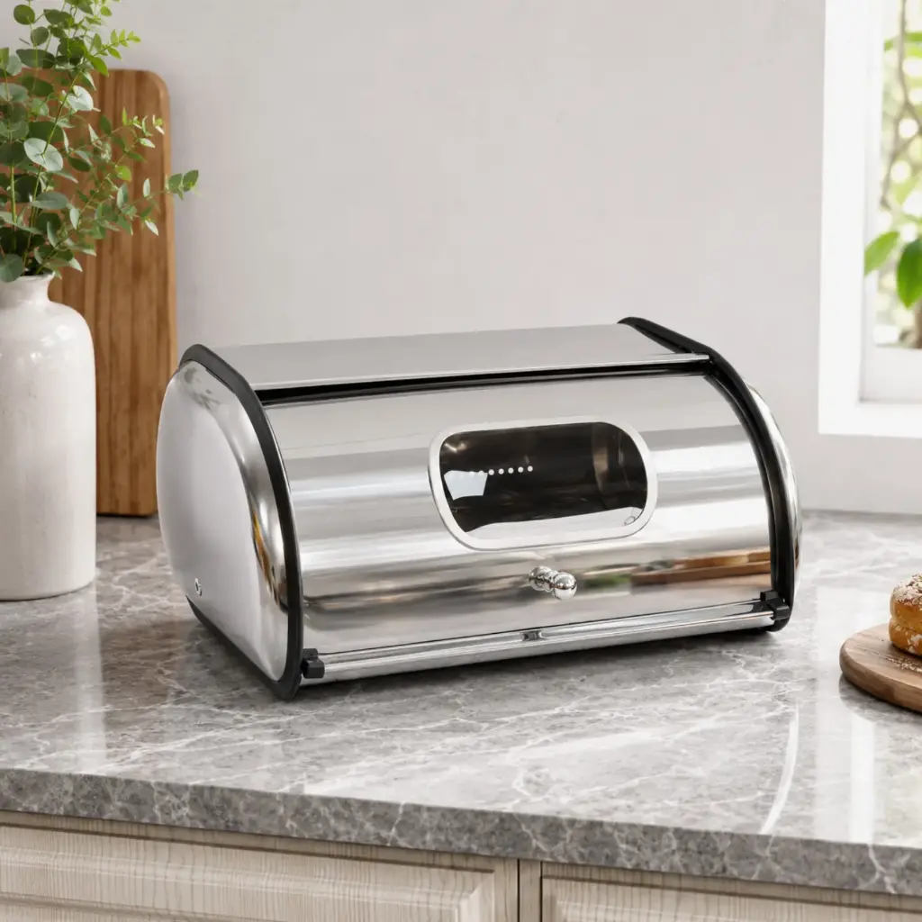 360 HOME Bread Box with Roll-Top Lid and Transparent Window STAINLESS STEEL 33X23.5X15CM IRON WROUGHT
