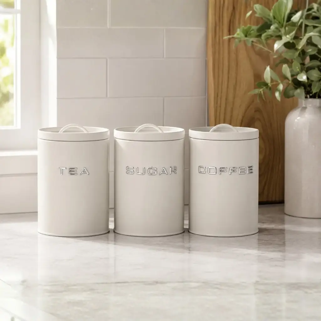 360 HOME Kitchen Storage Canisters with Lids – Tea, Sugar & Coffee SET 3PCS WHITE CYLINDRICAL 11X11X15CM IRON WROUGHT