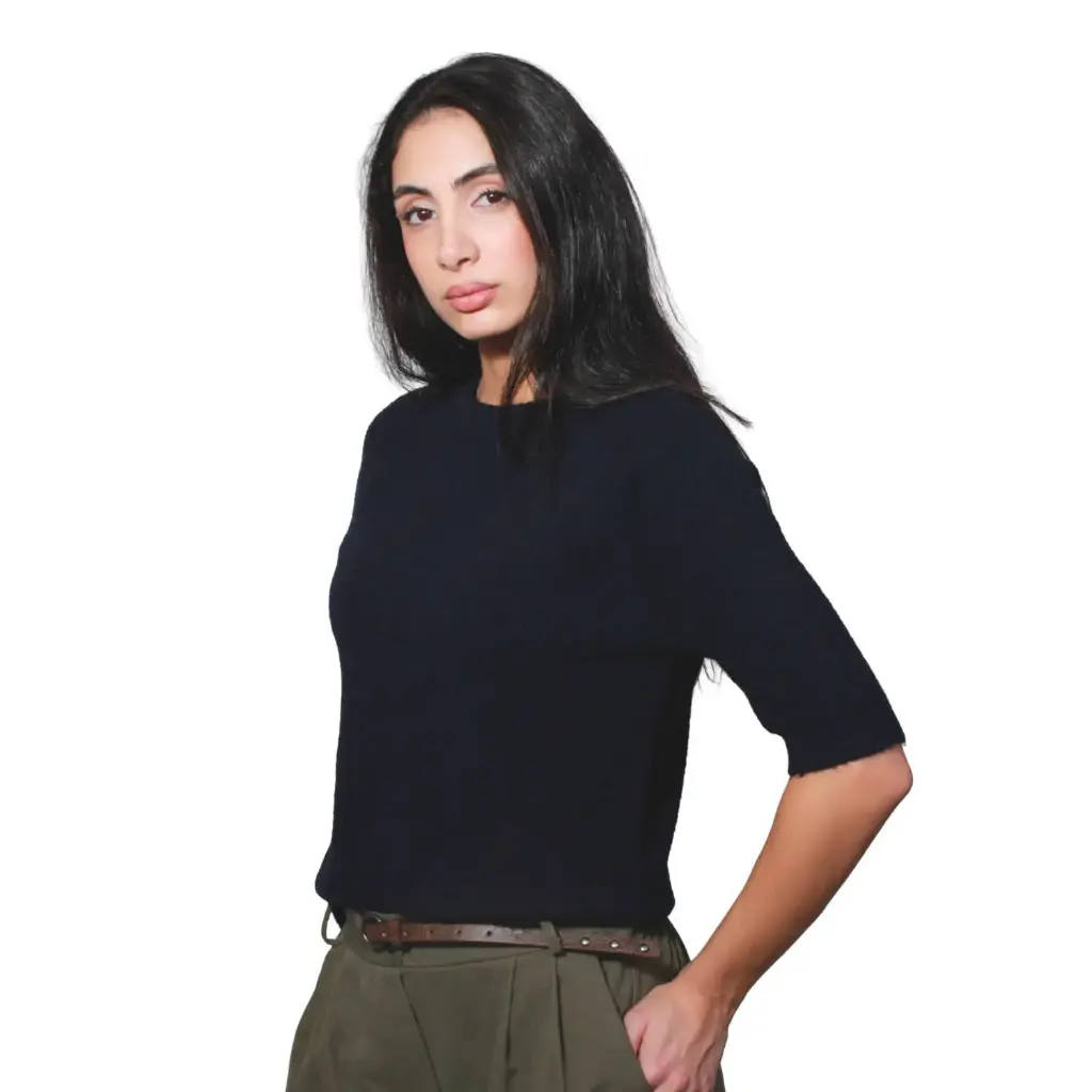 360 COTTON WOMAN SWEATER MOHAIR NAVY BLUE KNIT SHORT SLEEVE PUFFED ELBOW RIBBED CREW NECKLINE