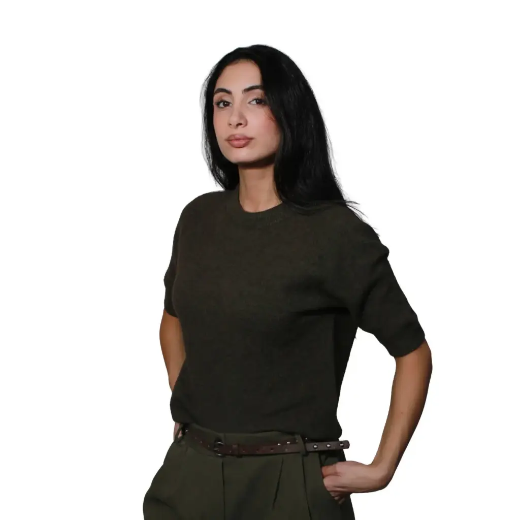 360 COTTON WOMAN SWEATER MOHAIR KAKI KNIT RAGLAN SHORT SLEEVE STITCHING RIBBED CREW NECKLINE 