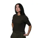 360 COTTON WOMAN SWEATER MOHAIR KAKI KNIT RAGLAN SHORT SLEEVE STITCHING RIBBED CREW NECKLINE 