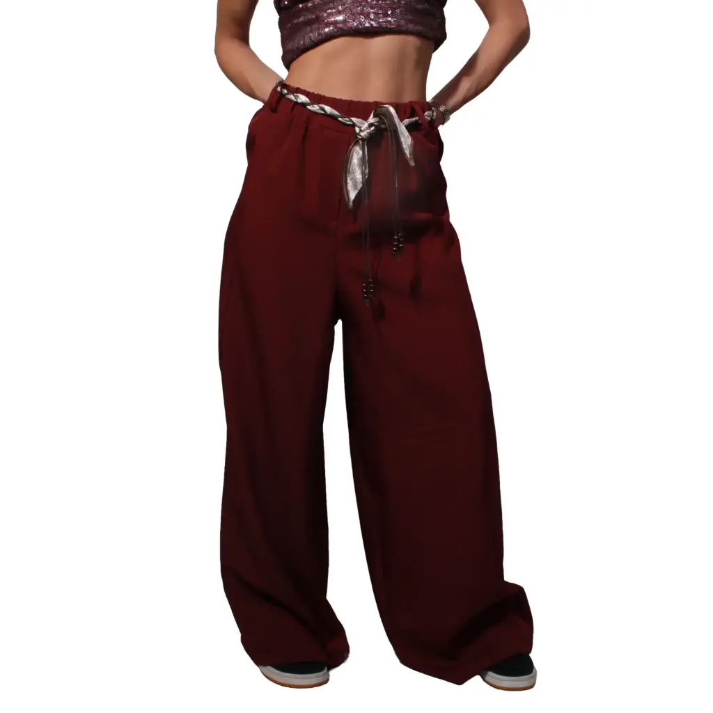360 COTTON WOMAN PANT HIGH-WAISTED WIDE-LEG WITH INTEGRATED SCARF BURGUNDY