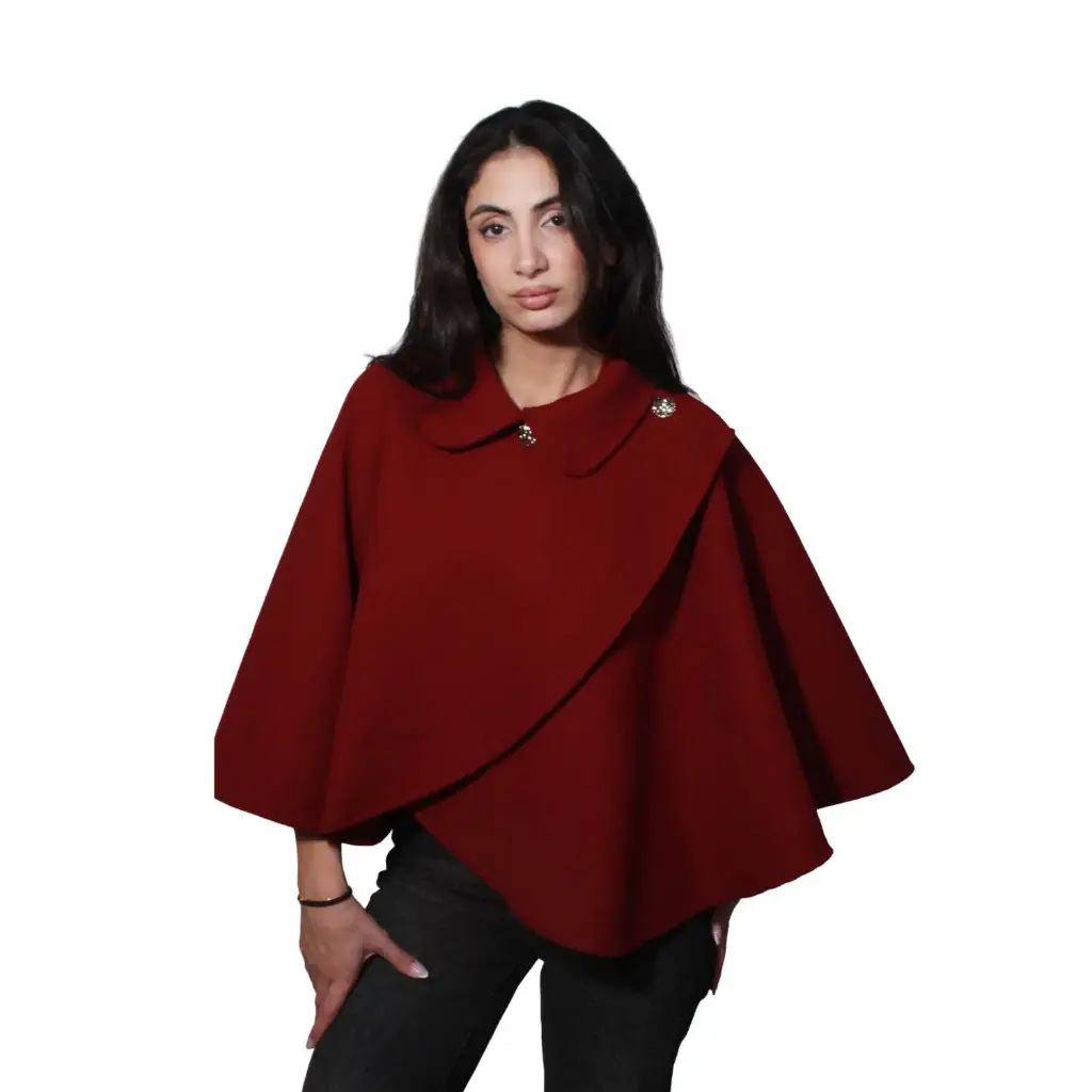 360 COTTON WOMAN CAPE JACKET WOOL-BLEND PONCHO STYLE ASYMMETRIC PETER PAN COLLAR BURGUNDY