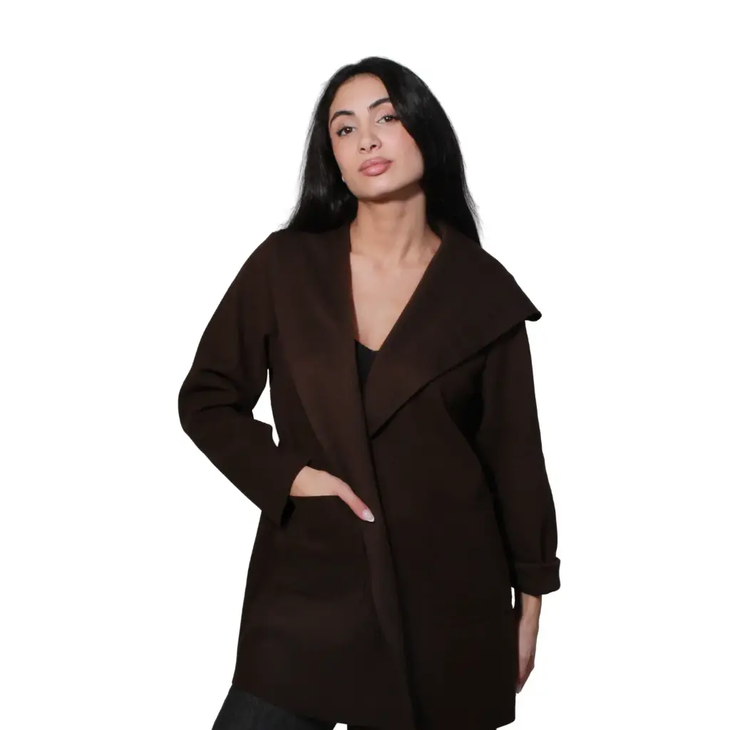 360 COTTON WOMAN JACKET OPEN FRONT FELTED COATIGAN LIGHTWEIGHT STRAIGHT CUT  SHAWL COLLAR BROWN