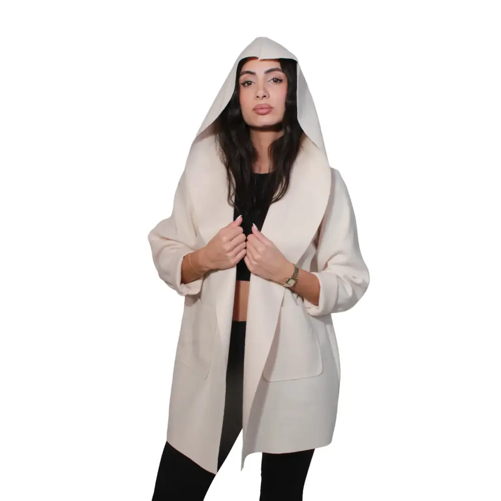360 COTTON WOMAN JACKET OPEN FRONT FELTED COATIGAN LIGHTWEIGHT STRAIGHT CUT  SHAWL COLLAR OFF-WHITE