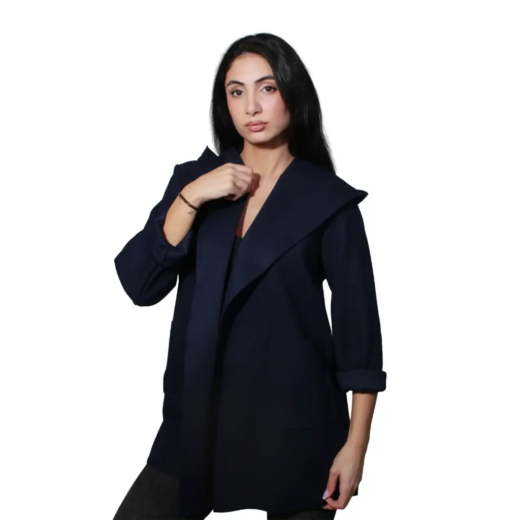 360 COTTON WOMAN JACKET OPEN FRONT FELTED COATIGAN LIGHTWEIGHT STRAIGHT CUT  SHAWL COLLAR NAVY BLUE