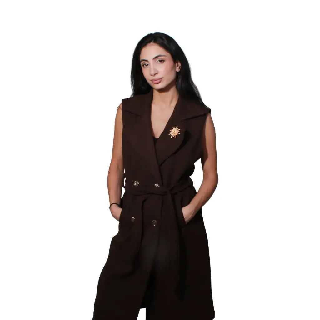 360 COTTON WOMAN LONGLINE VEST COAT TAILORED SLEEVLESS CLASSIC NOTCH LAPELS MATCHING FABRIC TIE BELT DARK BROWN