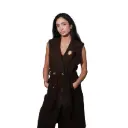 360 COTTON WOMAN LONGLINE VEST COAT TAILORED SLEEVLESS CLASSIC NOTCH LAPELS MATCHING FABRIC TIE BELT DARK BROWN