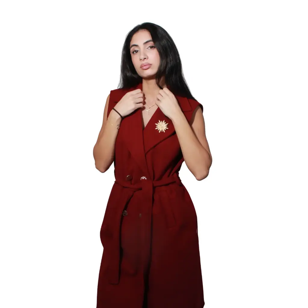 360 COTTON WOMAN LONGLINE VEST COAT TAILORED SLEEVLESS CLASSIC NOTCH LAPELS MATCHING FABRIC TIE BELT BURGUNDY
