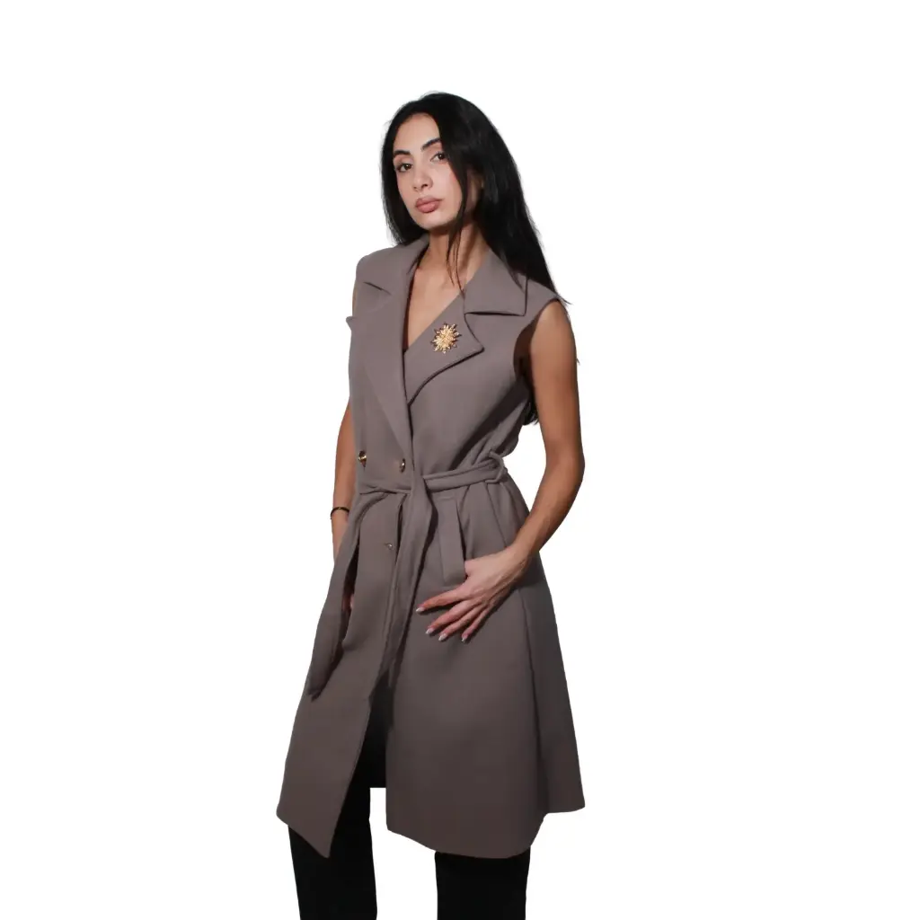 360 COTTON WOMAN LONGLINE VEST COAT TAILORED SLEEVLESS CLASSIC NOTCH LAPELS MATCHING FABRIC TIE BELT  DARK GREY