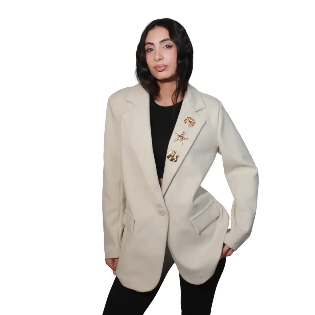 360 COTTON WOMAN BLAZER FELTED WOOL-BLEND WITH NOVELTY PINS OVERSIZED NOTCH LAPELS FLAP POCKETS OFF-WHITE