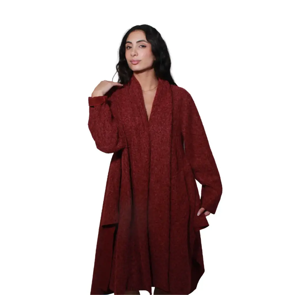 360 COTTON WOMAN COATIGAN OPEN FRONT LONGLINE BOILED WOOL FLEECE-KNIT FABRIC BURGUNDY