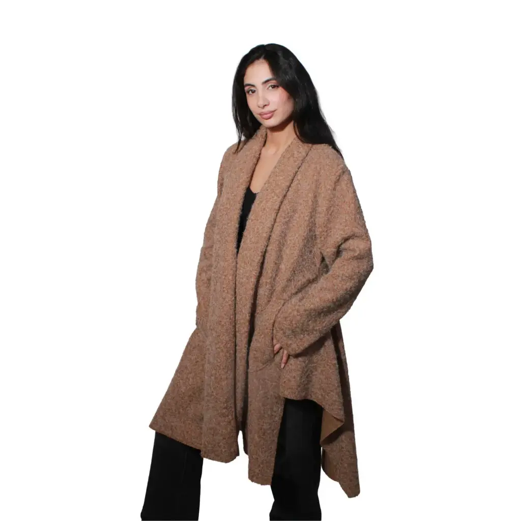360 COTTON WOMAN COATIGAN OPEN FRONT LONGLINE BOILED WOOL FLEECE-KNIT FABRIC GREIGE