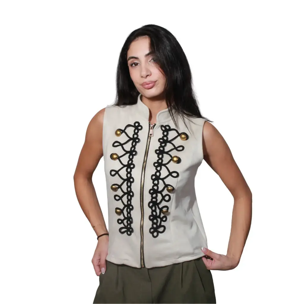 360 COTTON WOMAN VEST SLEEVLESS MILITARY STYLE EMBROIDED ZIP-UP OFF-WHITE