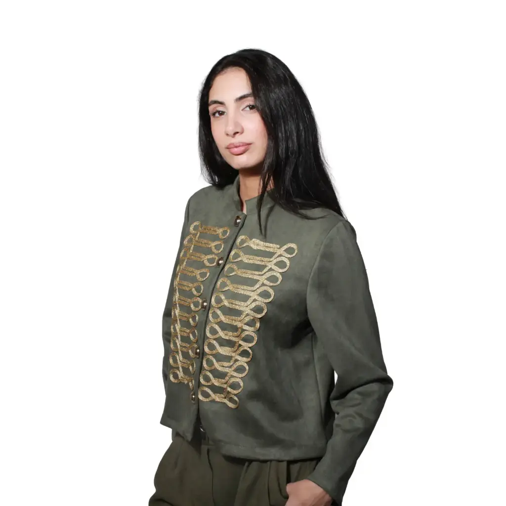 360 COTTON WOMAN JACKET CROPPED EMBROIDED MILITARY STYLE OLIVE GREEN