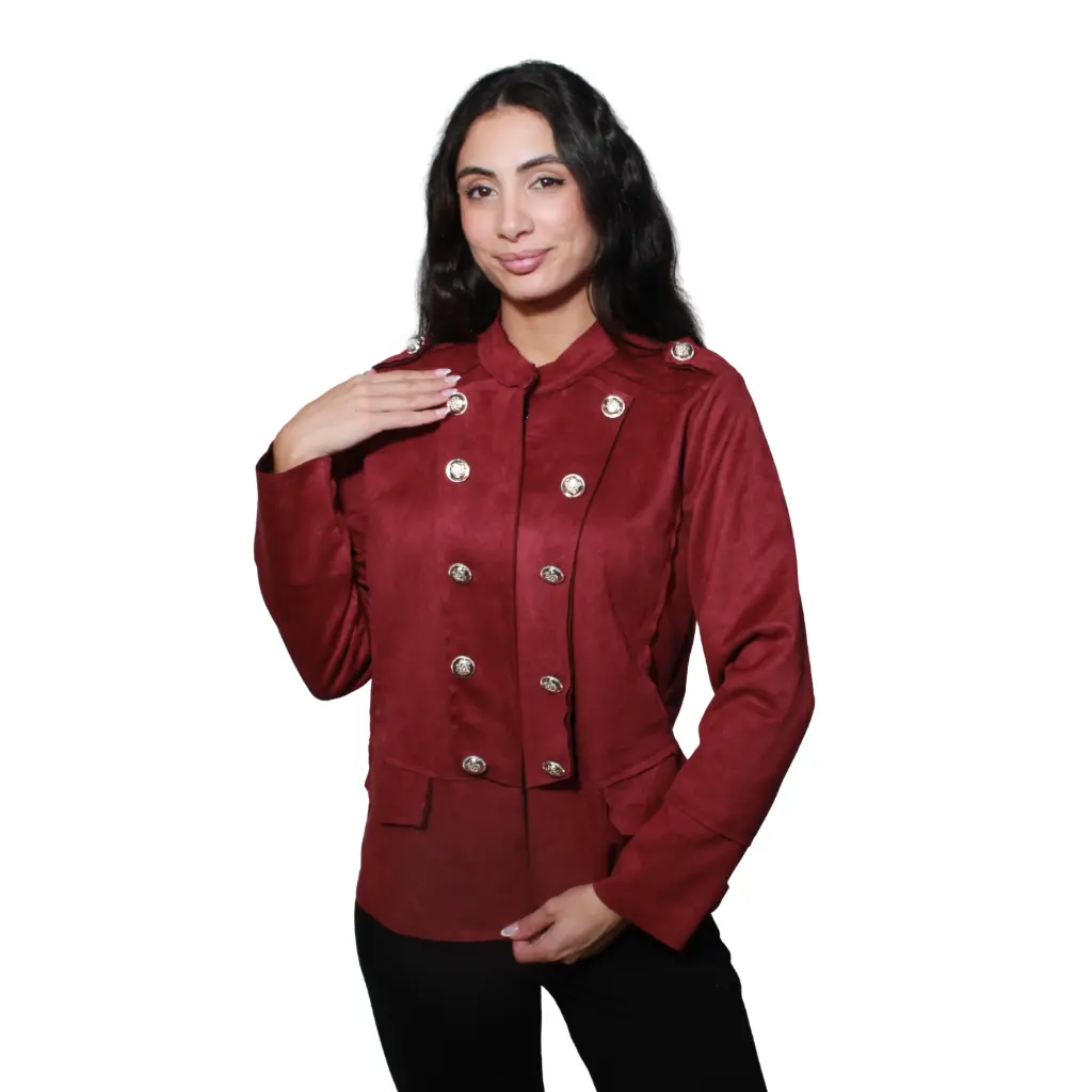 360 COTTON WOMAN JACKET FAUX SUEDE MILITARY STYLE BUTTONED EPAULETS SHOULDER STRAPS BURGUNDY
