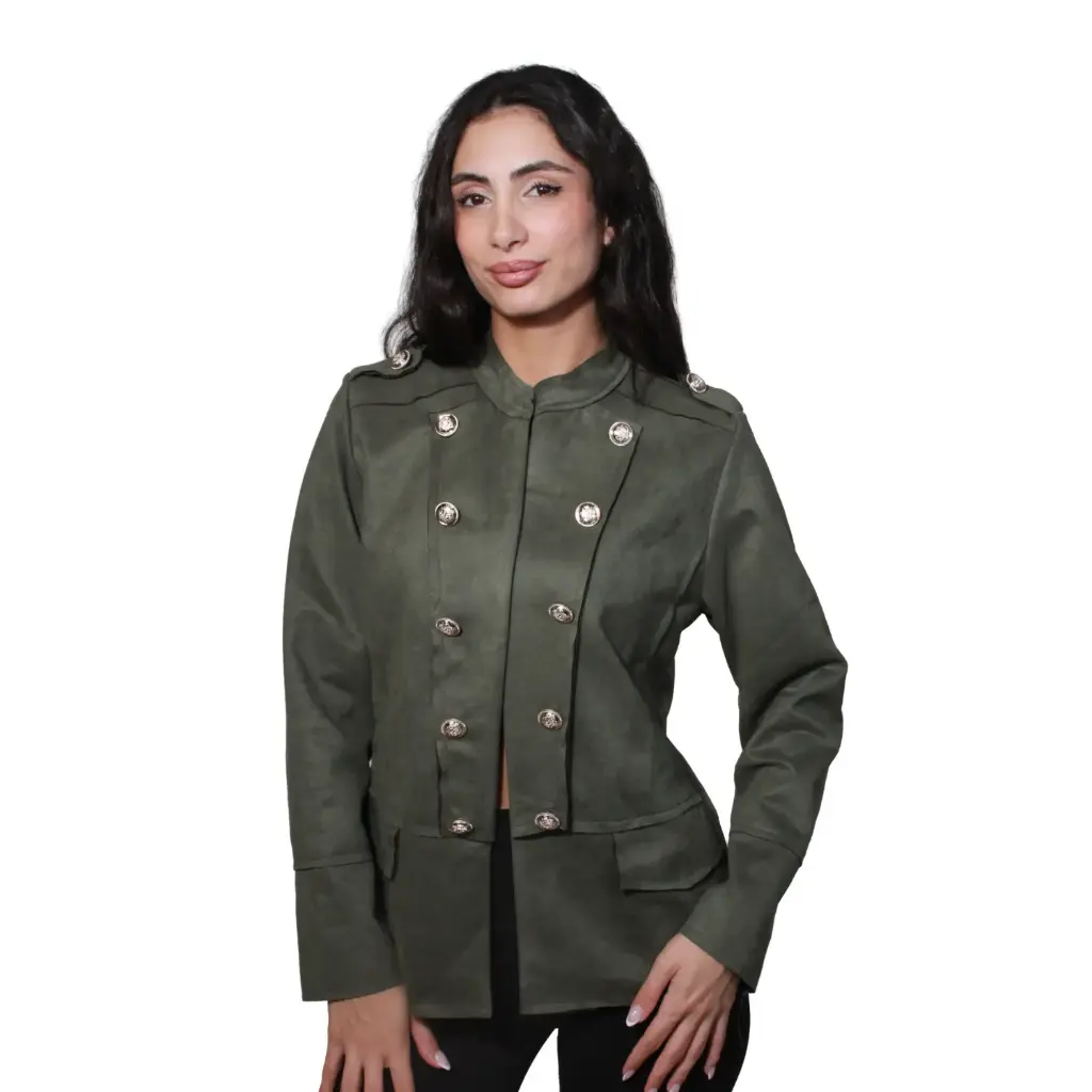 360 COTTON WOMAN JACKET FAUX SUEDE MILITARY STYLE BUTTONED EPAULETS SHOULDER STRAPS OLIVE GREEN