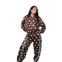 360 COTTON WOMAN HOODIE SET POLKA DOT-ZIP-UP BROWN & WHITE DROPPED SHOULDER SEAMS FRONT ZIPPER