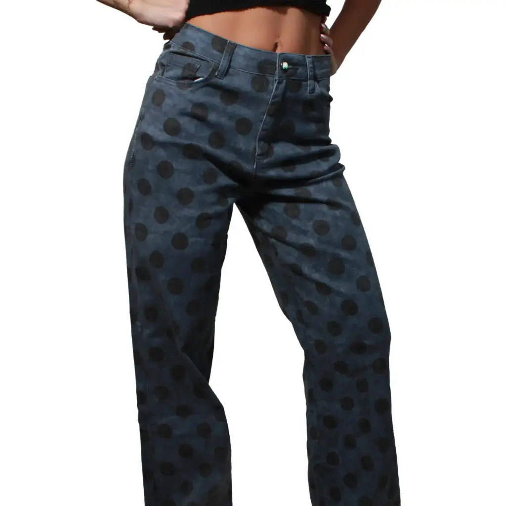 360 COTTON WOMAN PANT BLUE DENIM POLKA-DOT DARK NAVY  WIDE LEG HIGH WAISTED RISE
