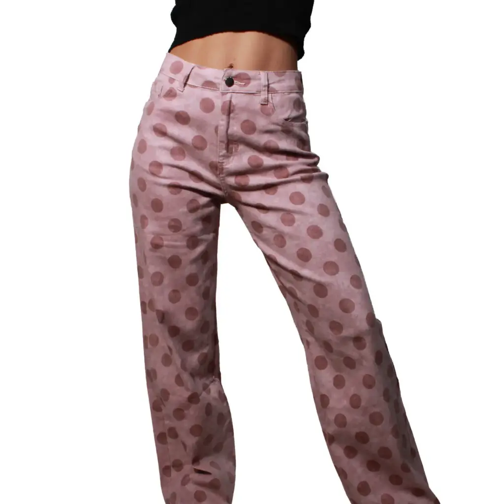 360 COTTON WOMAN PANT DUSTY PINK DENIM POLKA-DOT BURGUNDY  WIDE LEG HIGH WAISTED RISE