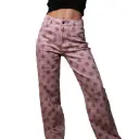 360 COTTON WOMAN PANT DUSTY PINK DENIM POLKA-DOT BURGUNDY  WIDE LEG HIGH WAISTED RISE