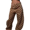 360 COTTON WOMAN PANT CAMEL DENIM POLKA-DOT OFF-WHITE  WIDE LEG HIGH WAISTED RISE