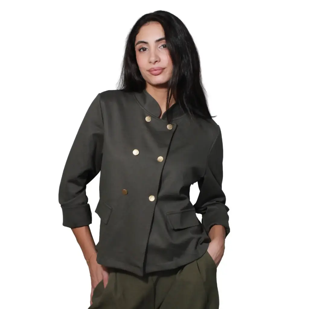 360 COTTON WOMAN JACKET ROUND NECKLINE STRUCTURED SHOULDER DOUBLE BREASTED GOLD-TONE BUTTONS FLAP POCKETS BLACK