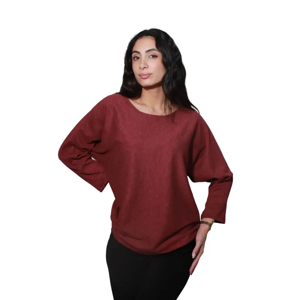 360 COTTON WOMAN BLOUSE WIDE ROUND NECLINE CROPPED SILHOUETTE KNIT FABRIC TIED FABRIC LOWER HEM BURGUNDY