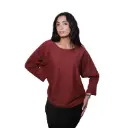 360 COTTON WOMAN BLOUSE WIDE ROUND NECLINE CROPPED SILHOUETTE KNIT FABRIC TIED FABRIC LOWER HEM BURGUNDY